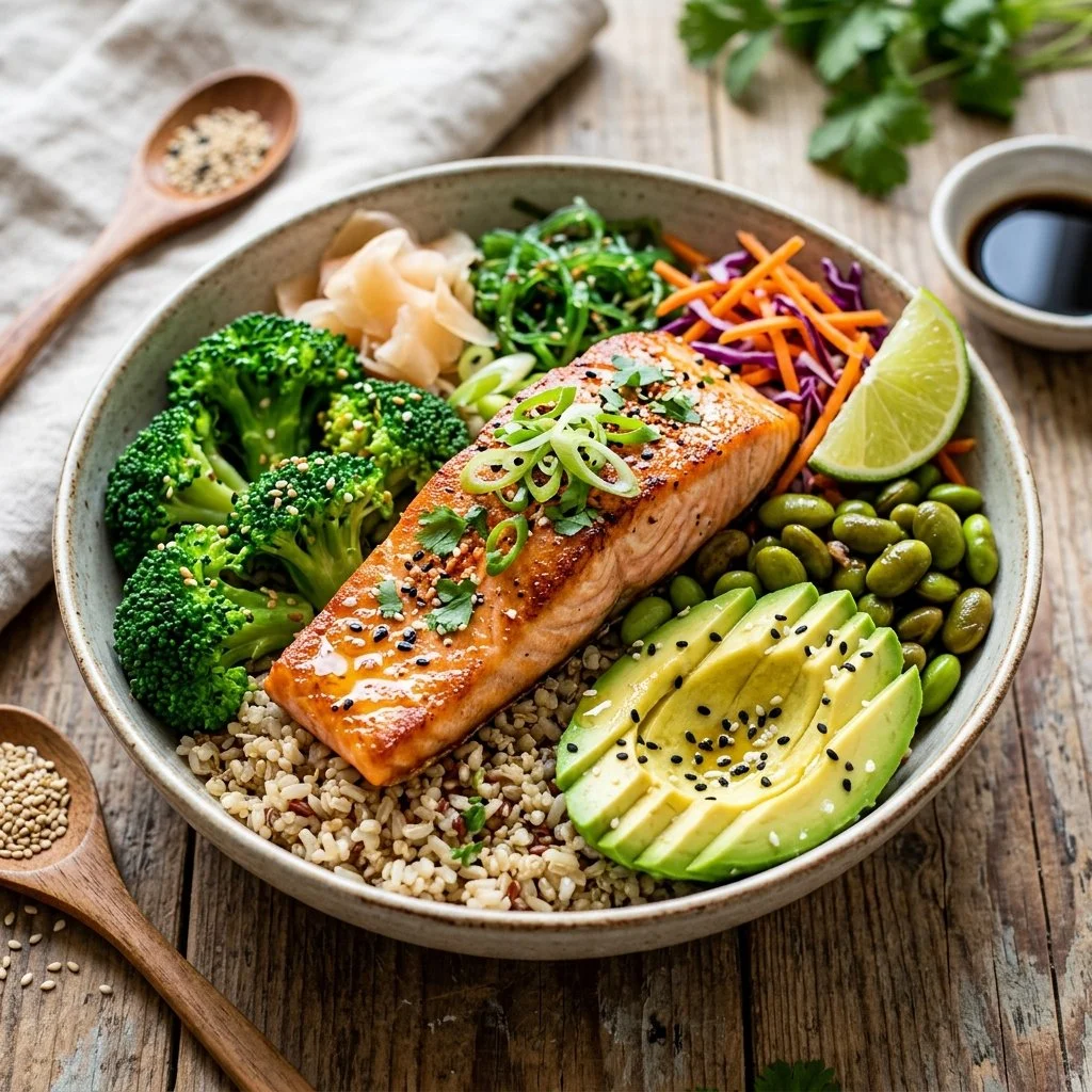 Delicious Salmon Buddha Bowl with fresh vegetables and grains