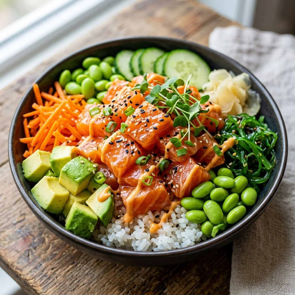 Delicious Salmon Poke Bowl with fresh ingredients and colorful toppings