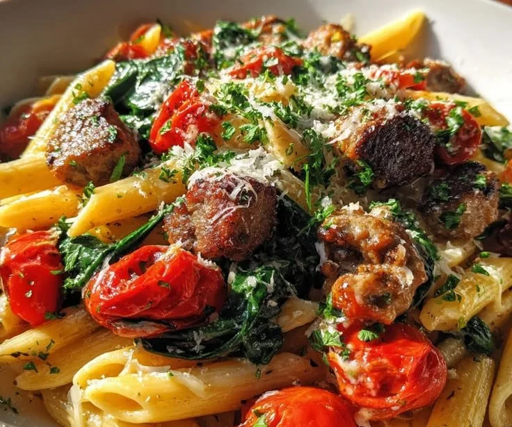 Sausage Pasta Skillet with Honey Chili Sauce served in a cozy setting