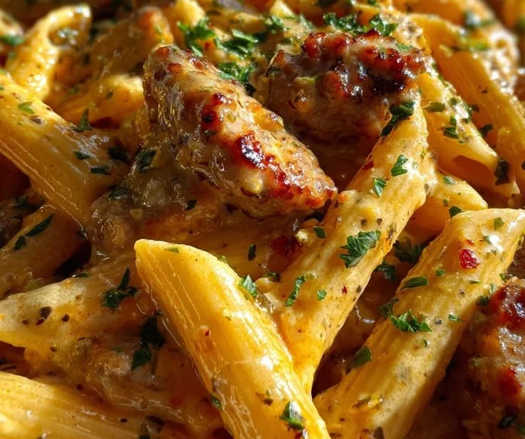Sausage Penne in creamy garlic butter ranch sauce served in a bowl