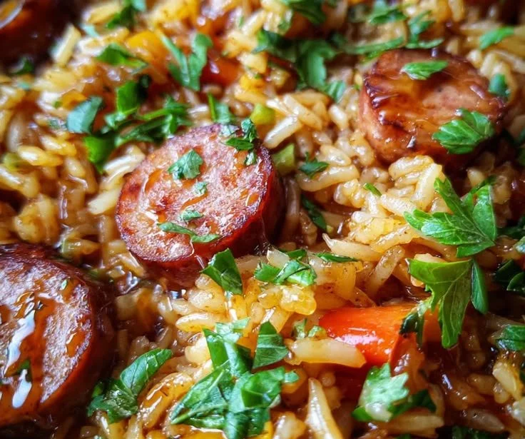 Savory honey BBQ sausage rice skillet with garlic butter