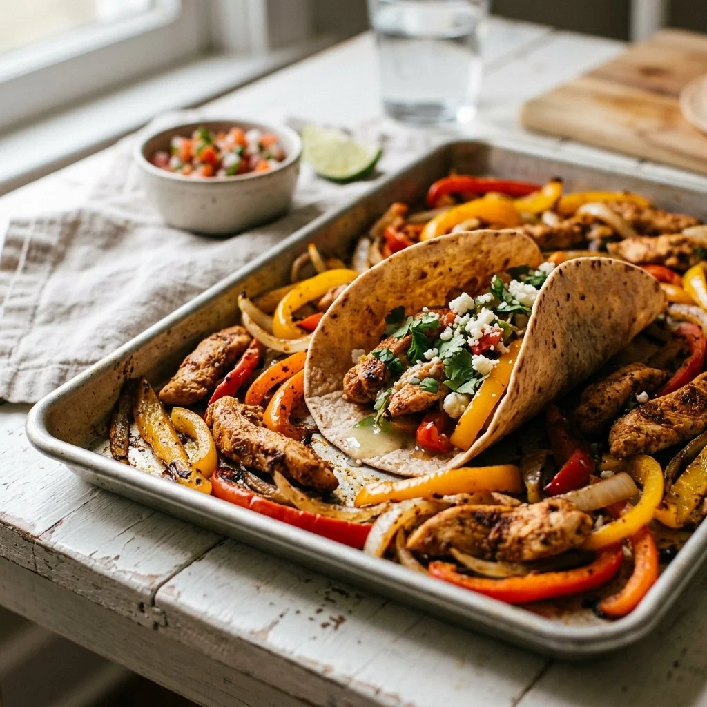 Delicious sheet pan fajitas with colorful veggies and grilled chicken