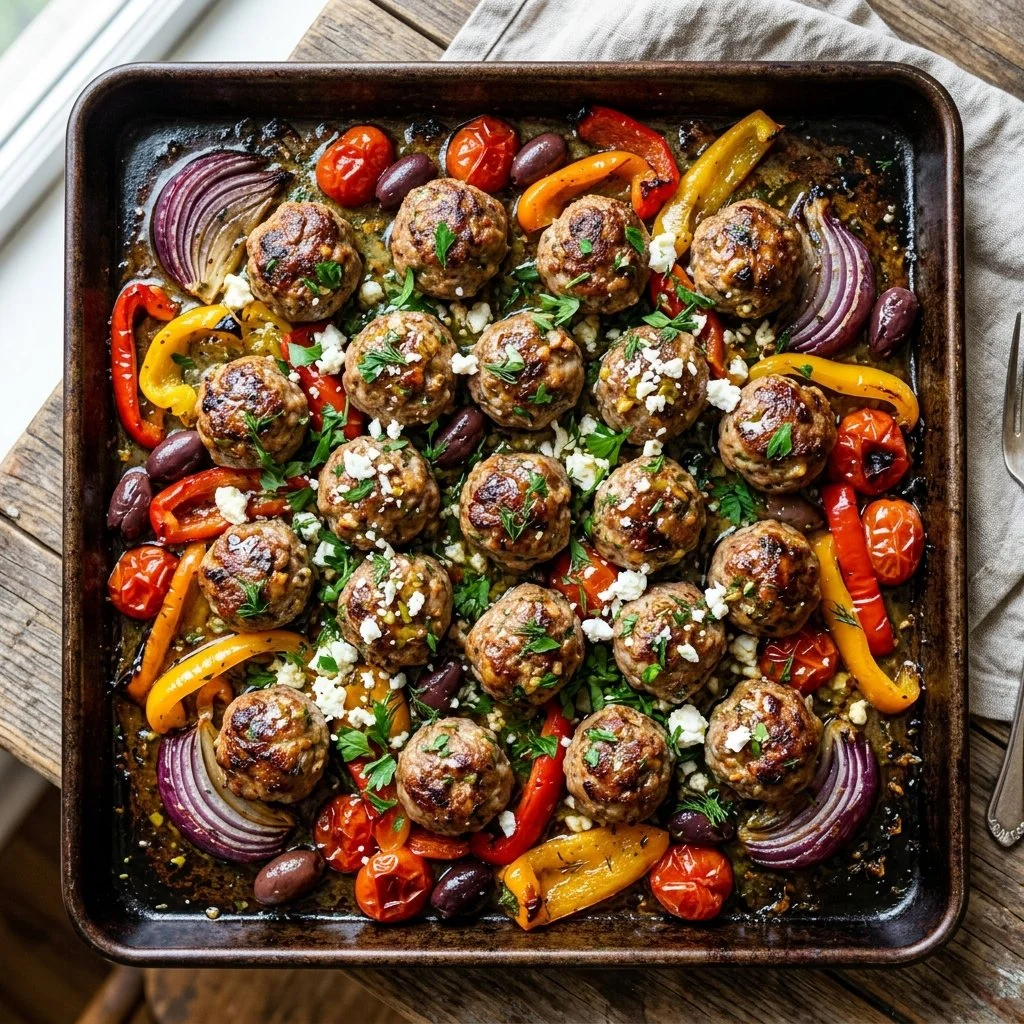 Delicious sheet pan Greek meatballs served with fresh herbs and tzatziki sauce.