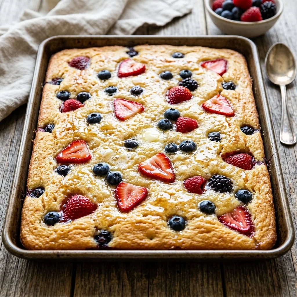 Delicious sheet pan pancakes served with fresh fruit and syrup