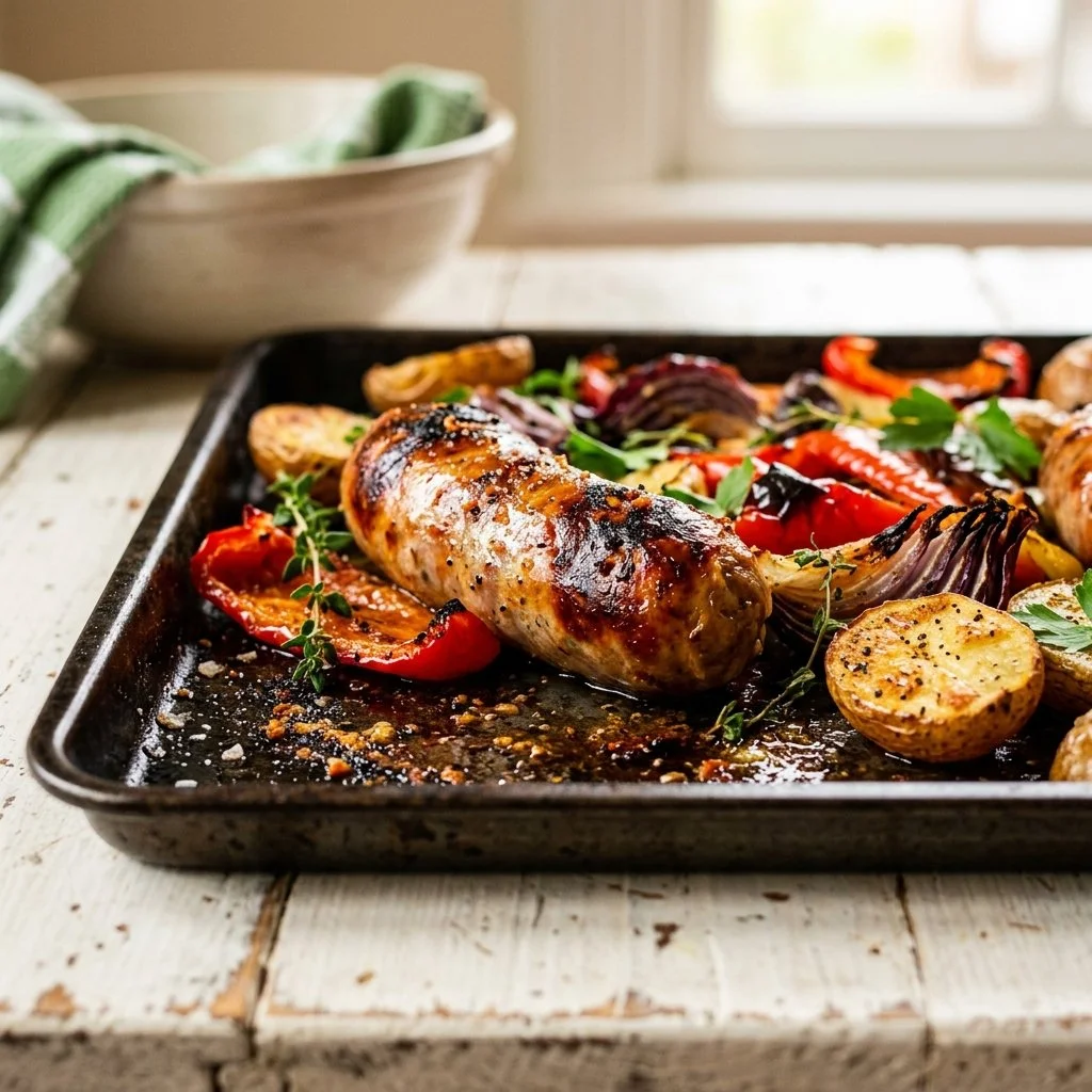 Delicious sheet pan sausage with colorful vegetables ready to serve