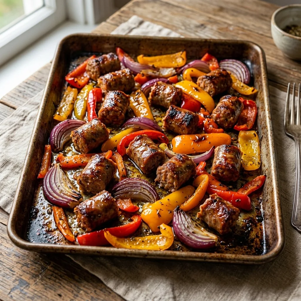 Sheet Pan Sausage and Peppers dish served on a platter