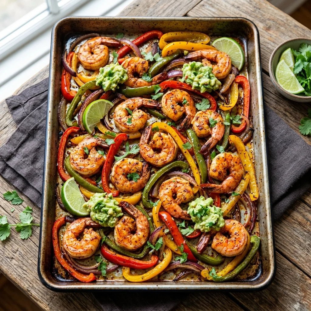 Sheet pan shrimp fajitas with colorful bell peppers and onions