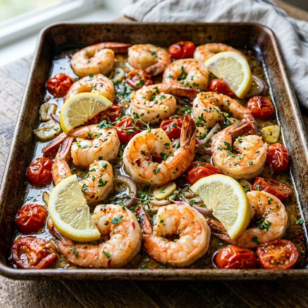 Delicious sheet pan shrimp scampi with garlic, herbs, and pasta on a table.
