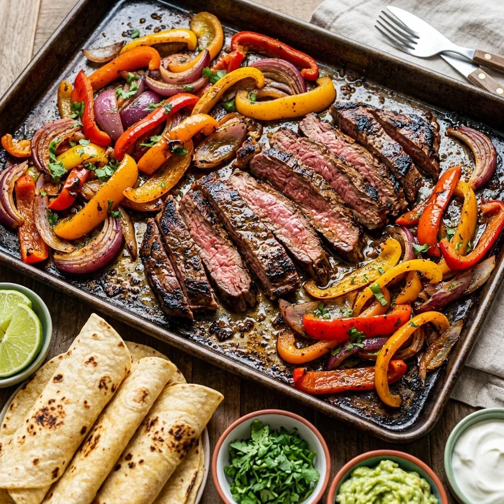 Deliciously cooked sheet pan steak fajitas with colorful peppers and onions.