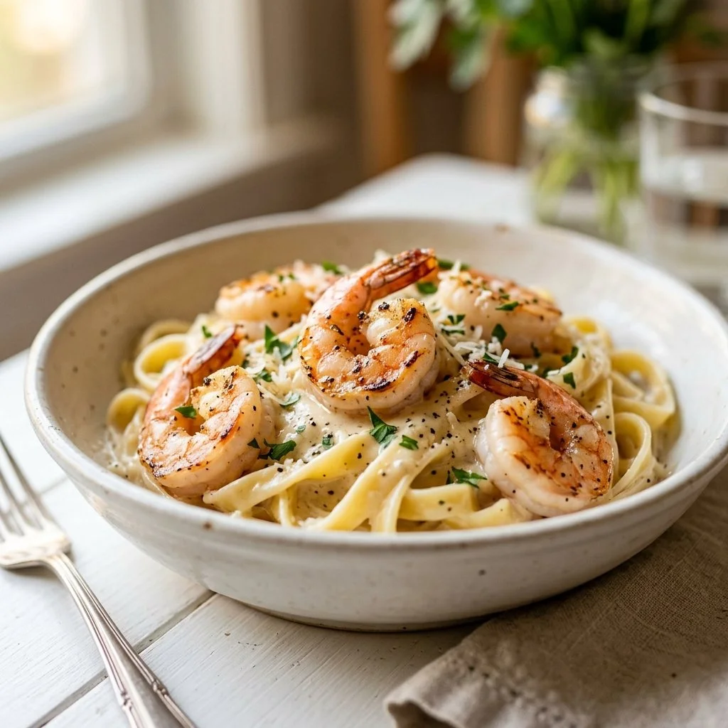 Creamy Shrimp Alfredo pasta topped with herbs and served in a white bowl