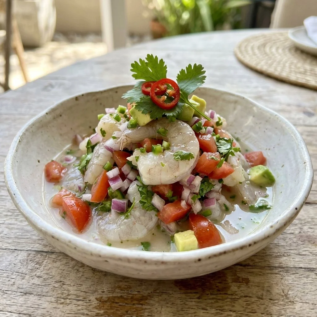 Delicious shrimp ceviche served with fresh lime, cilantro, and diced vegetables.