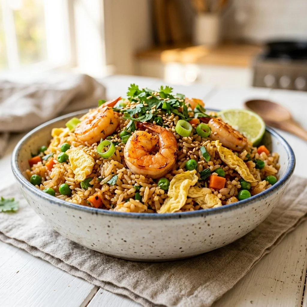 Delicious plate of shrimp fried rice garnished with vegetables and herbs.