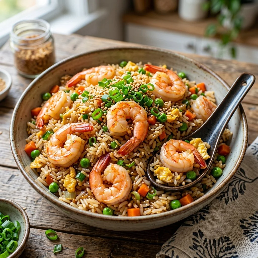 Delicious bowl of shrimp fried rice with colorful vegetables and shrimp