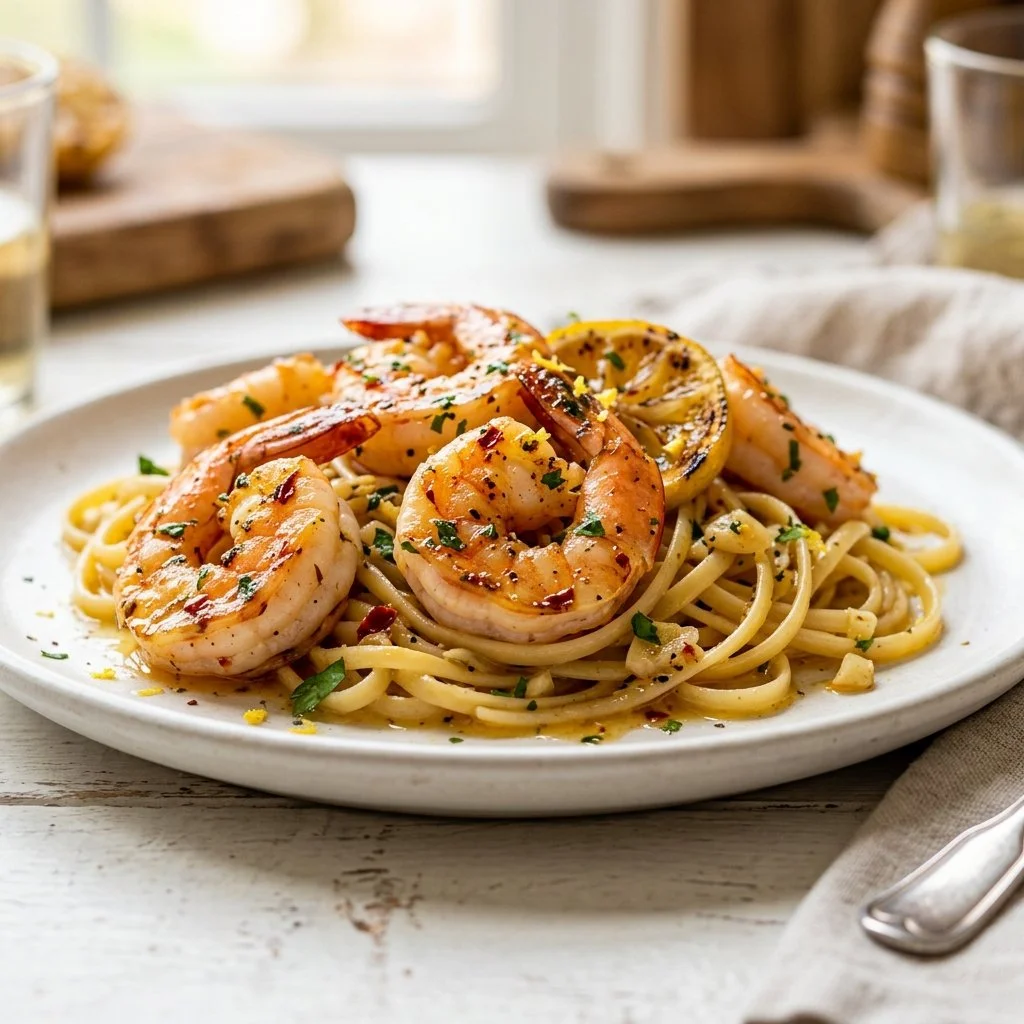 Delicious shrimp scampi served with garlic, butter, and parsley