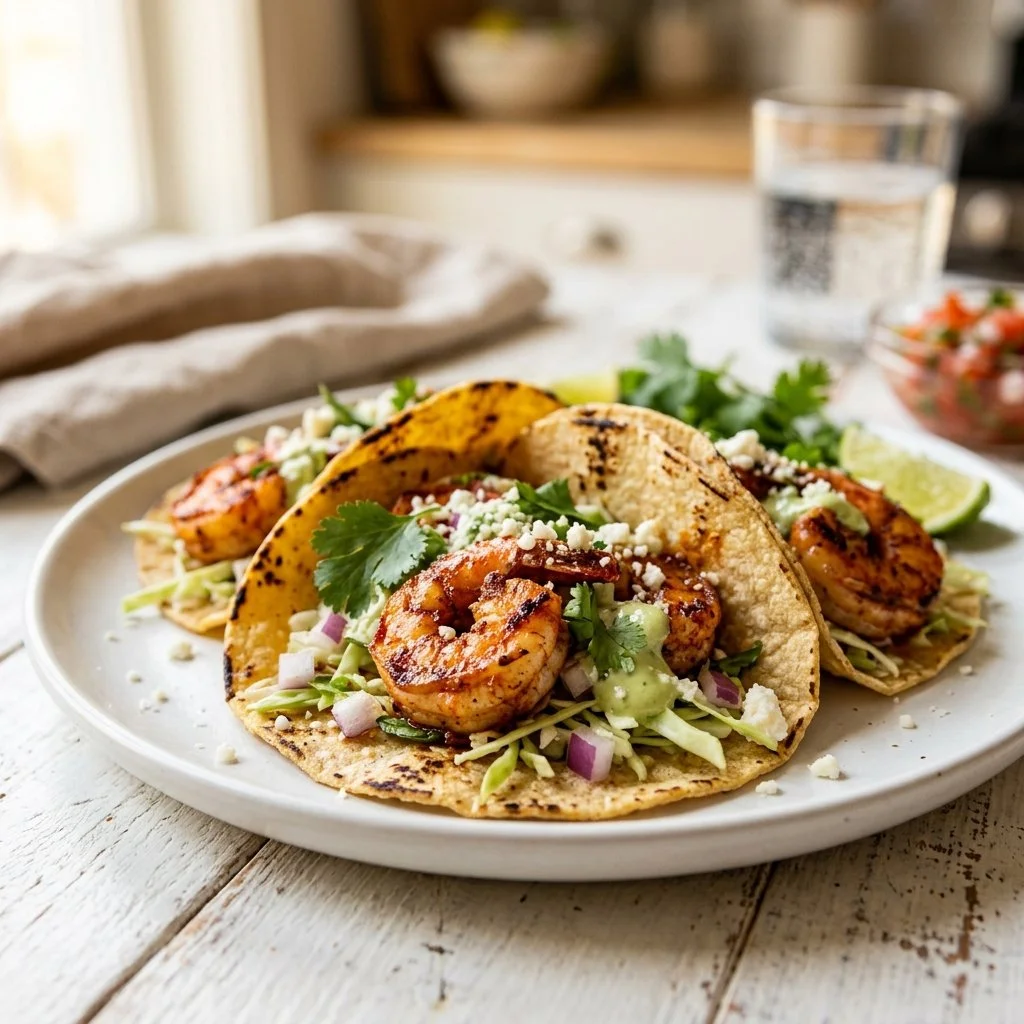 Delicious shrimp tacos topped with fresh ingredients and lime