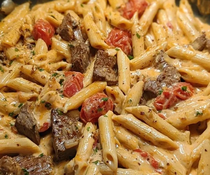 Skillet creamy spicy Cajun steak penne dish served in a bowl