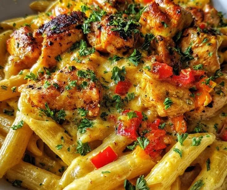 Skillet pasta with Cajun chicken and creamy pepper jack cheese in a skillet