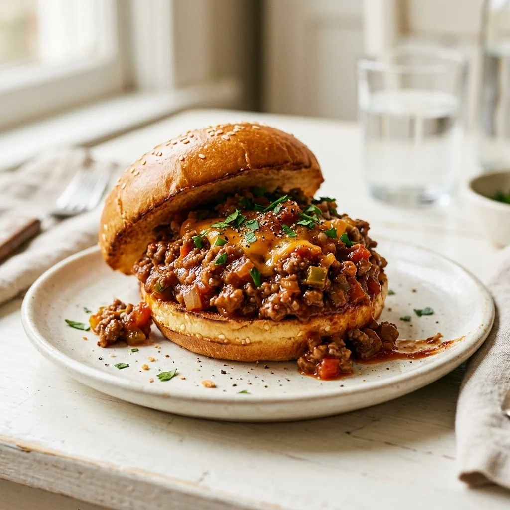 Homemade Sloppy Joe on a bun with traditional toppings