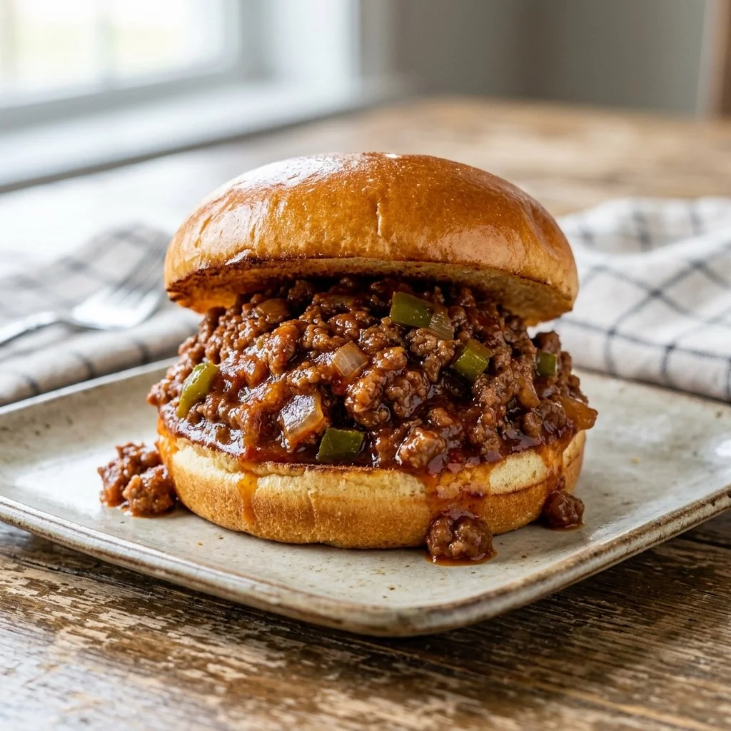 Homemade Sloppy Joes served on a bun with toppings