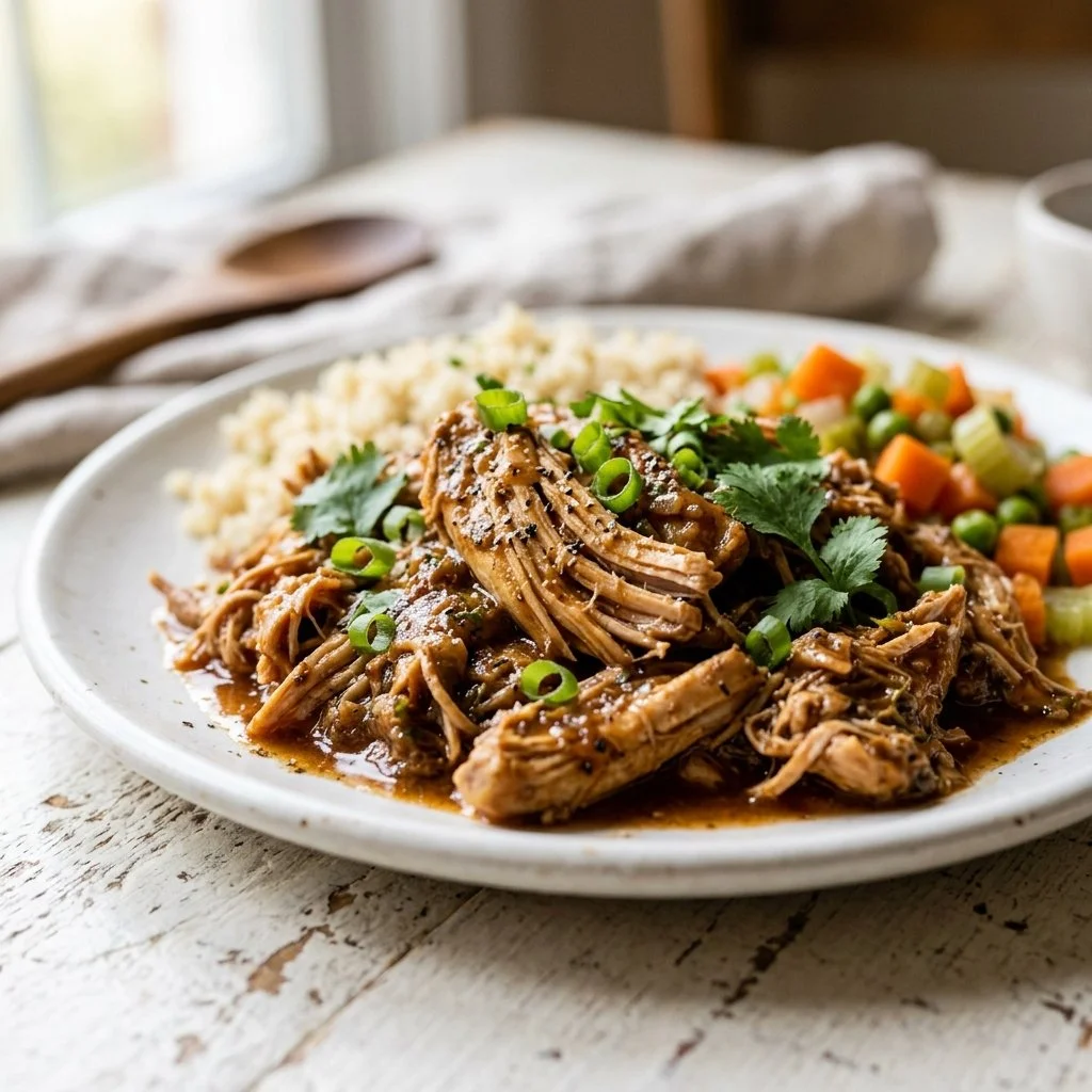 Delicious slow cooker chicken recipe served with vegetables and herbs.