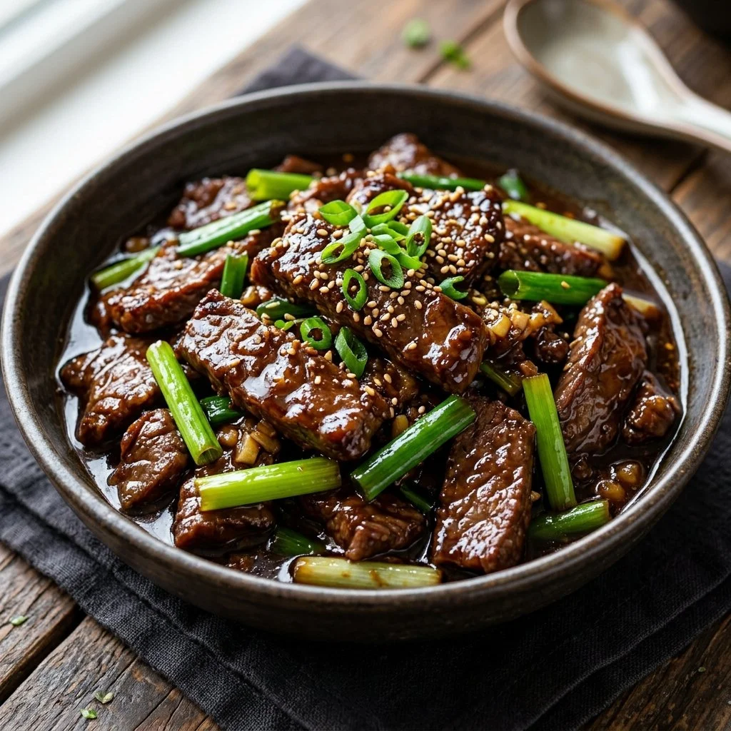 Delicious Slow Cooker Mongolian Beef served with rice and vegetables