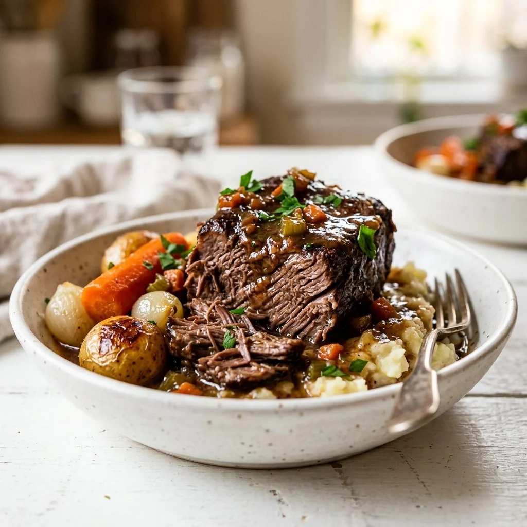 Delicious slow cooker pot roast with vegetables in a bowl