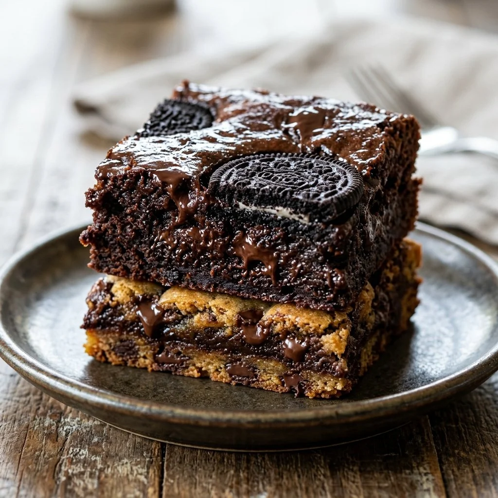 Delicious slutty brownies with layers of cookie dough and Oreos