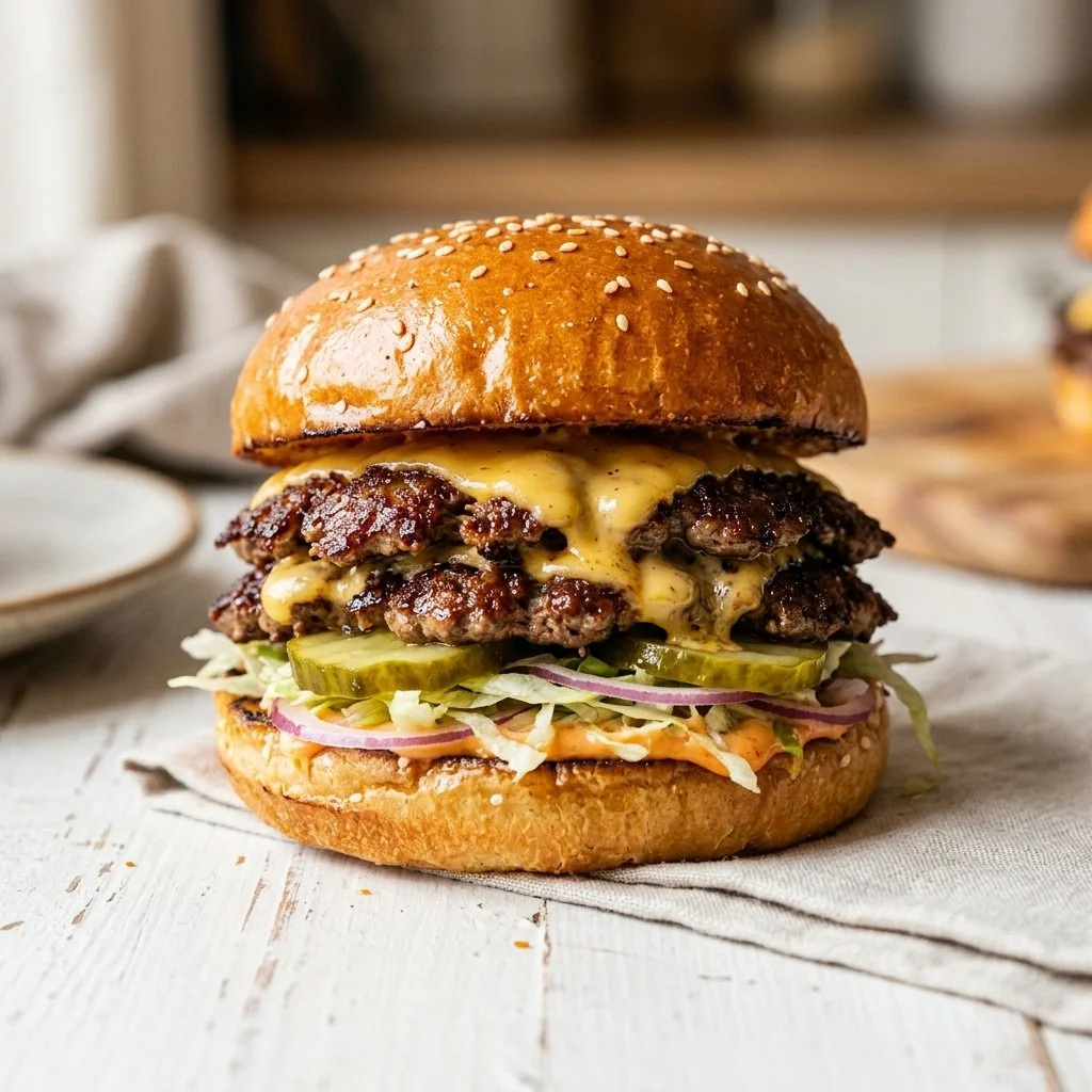 Delicious homemade smash burger with juicy beef patties and fresh toppings