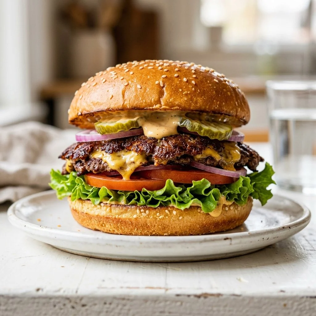 Delicious homemade smash burger on a grill with toppings