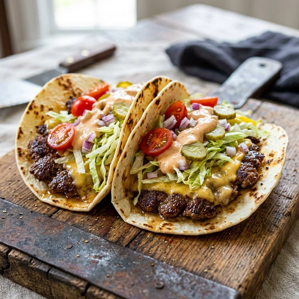Delicious smash burger tacos on a plate with toppings