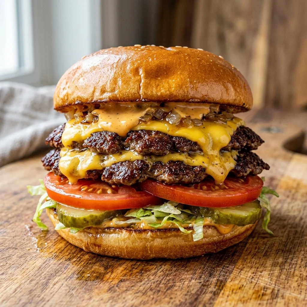 Delicious homemade smash burgers sizzling on a grill.