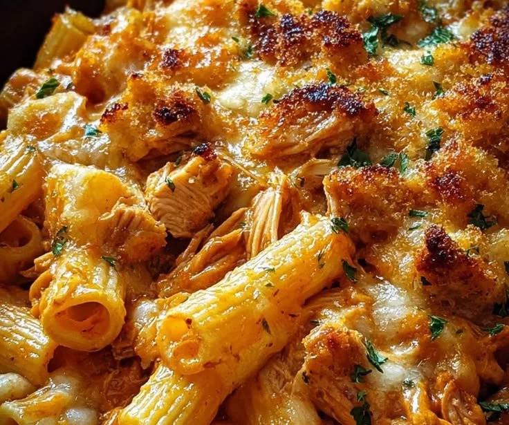 Smoky BBQ Chicken & Cheddar Pasta Bake in a baking dish, ready to serve.