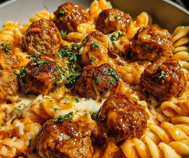 Delicious BBQ meatball pasta dish served with herbs and cheese on top.