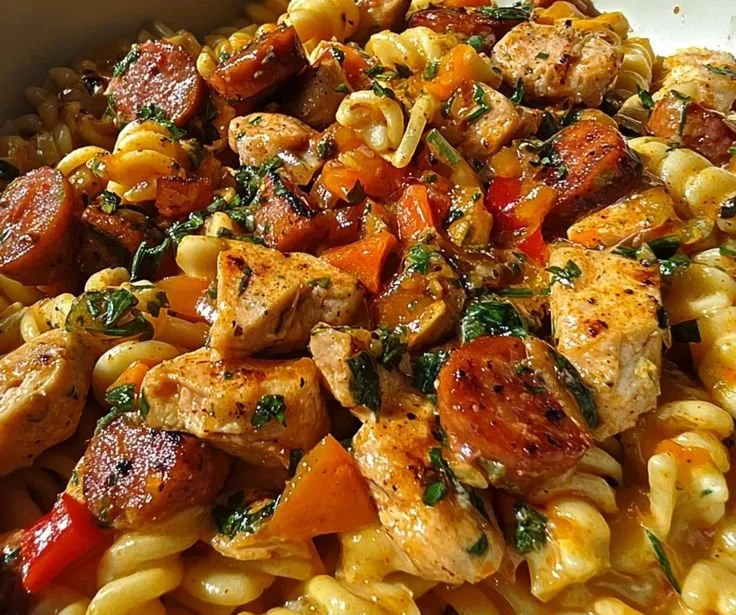 Delicious Smoky Cajun Chicken and Sausage Pasta served in a bowl