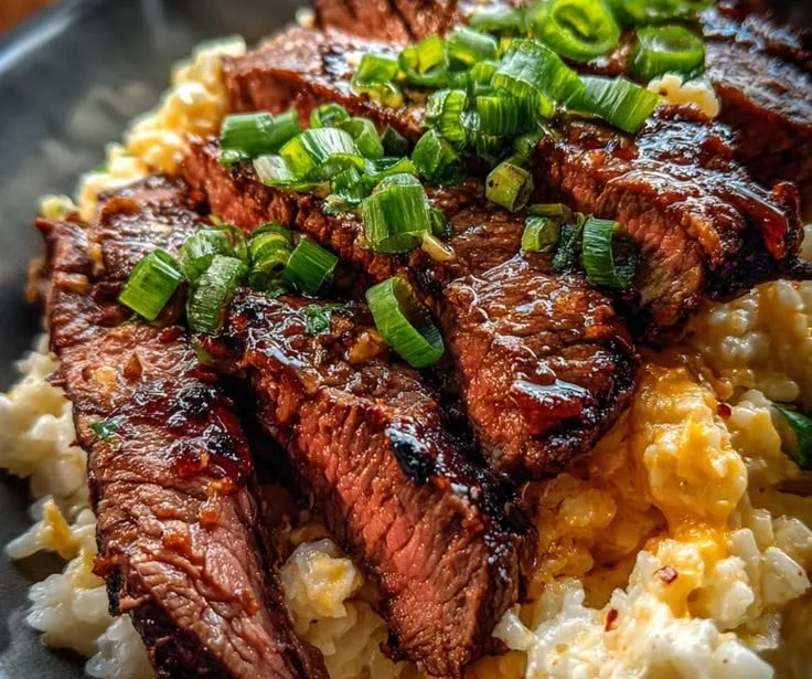Smoky garlic butter steak with melted cheddar rice in a one-pot family dinner