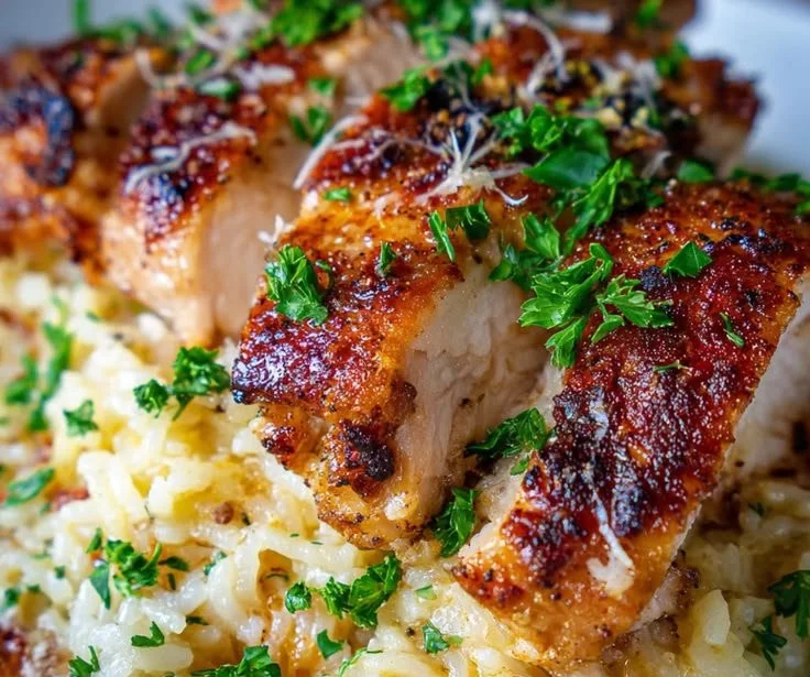 Smoky garlic parmesan chicken served with tender rice grains