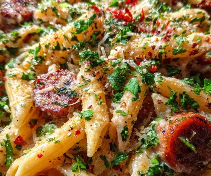 Smoky Parmesan Sausage Pasta Skillet in sticky garlic butter sauce