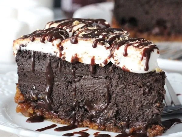 Delicious S'mores cheesecake with graham cracker crust and chocolate topping