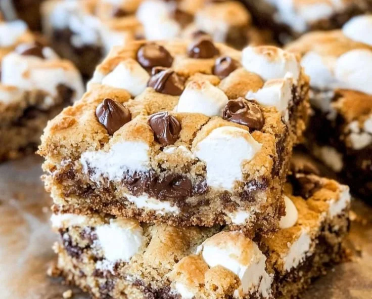 Delicious S'mores Cookie Bars topped with chocolate and marshmallows