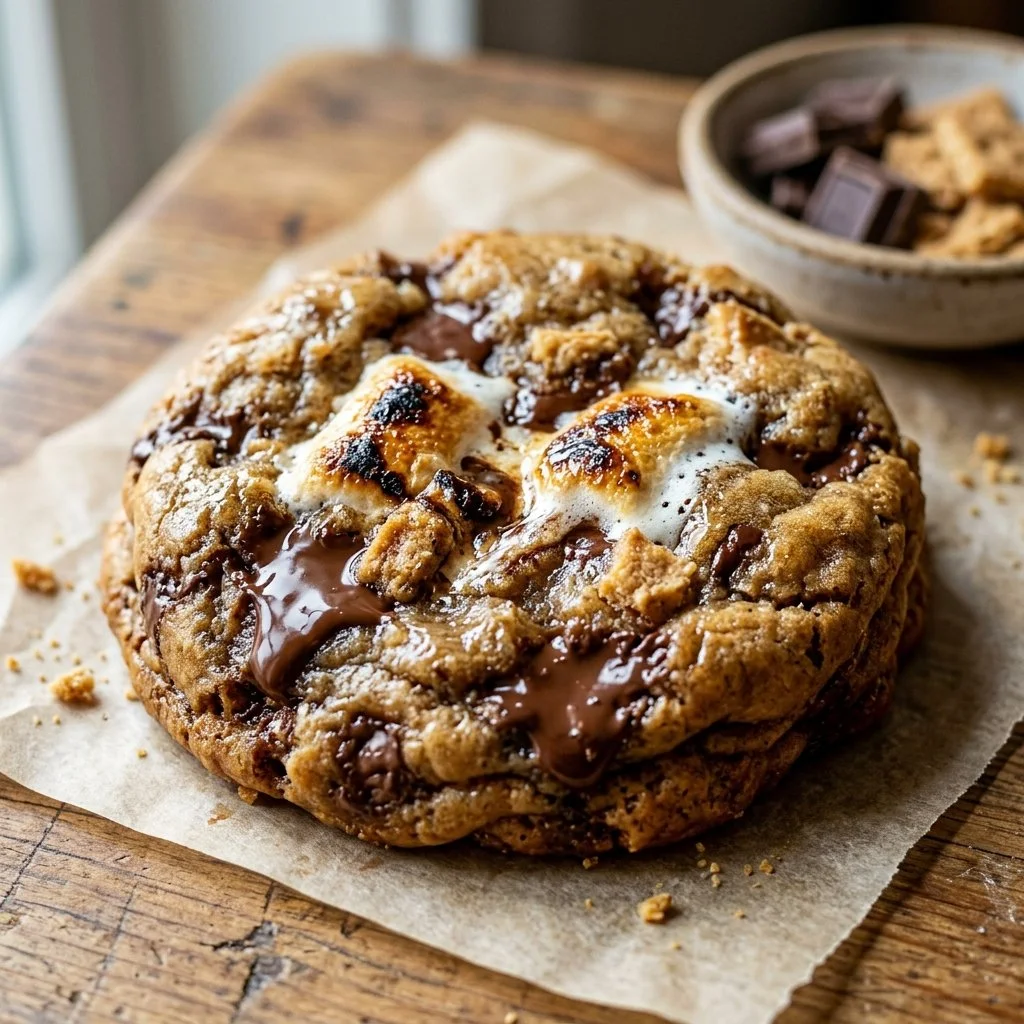 Delicious freshly baked S'mores Cookies with chocolate and marshmallows.