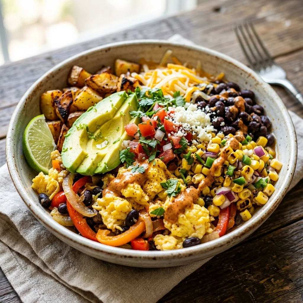 Colorful Southwest Breakfast Bowl with eggs, avocado, and veggies