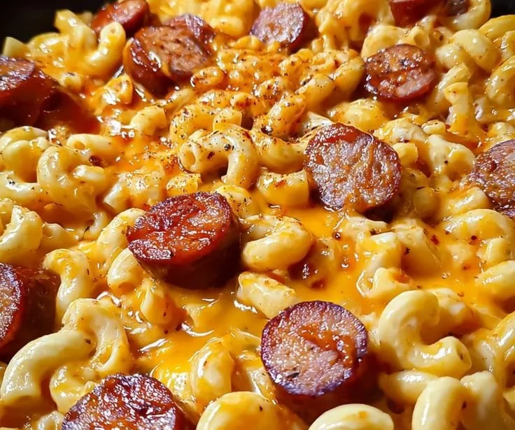 Bowl of spicy BBQ cheddar mac with smoked sausage, a comforting dish