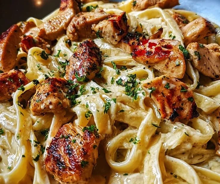 Bowl of spicy Cajun chicken fettuccine Alfredo topped with parsley.