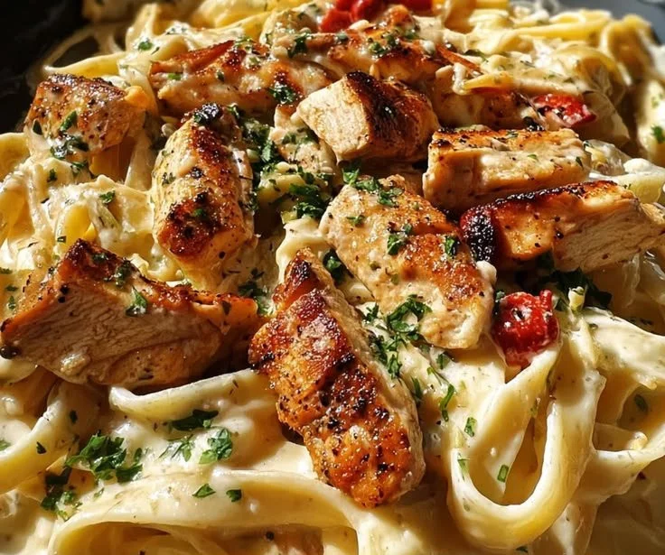 Spicy Cajun Chicken Fettuccine Alfredo dish with fresh herbs and parmesan cheese