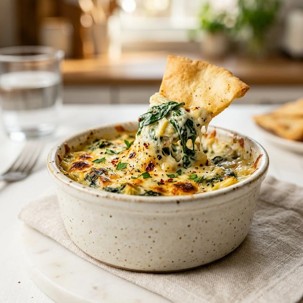 Delicious homemade Spinach Artichoke Dip in a serving dish.