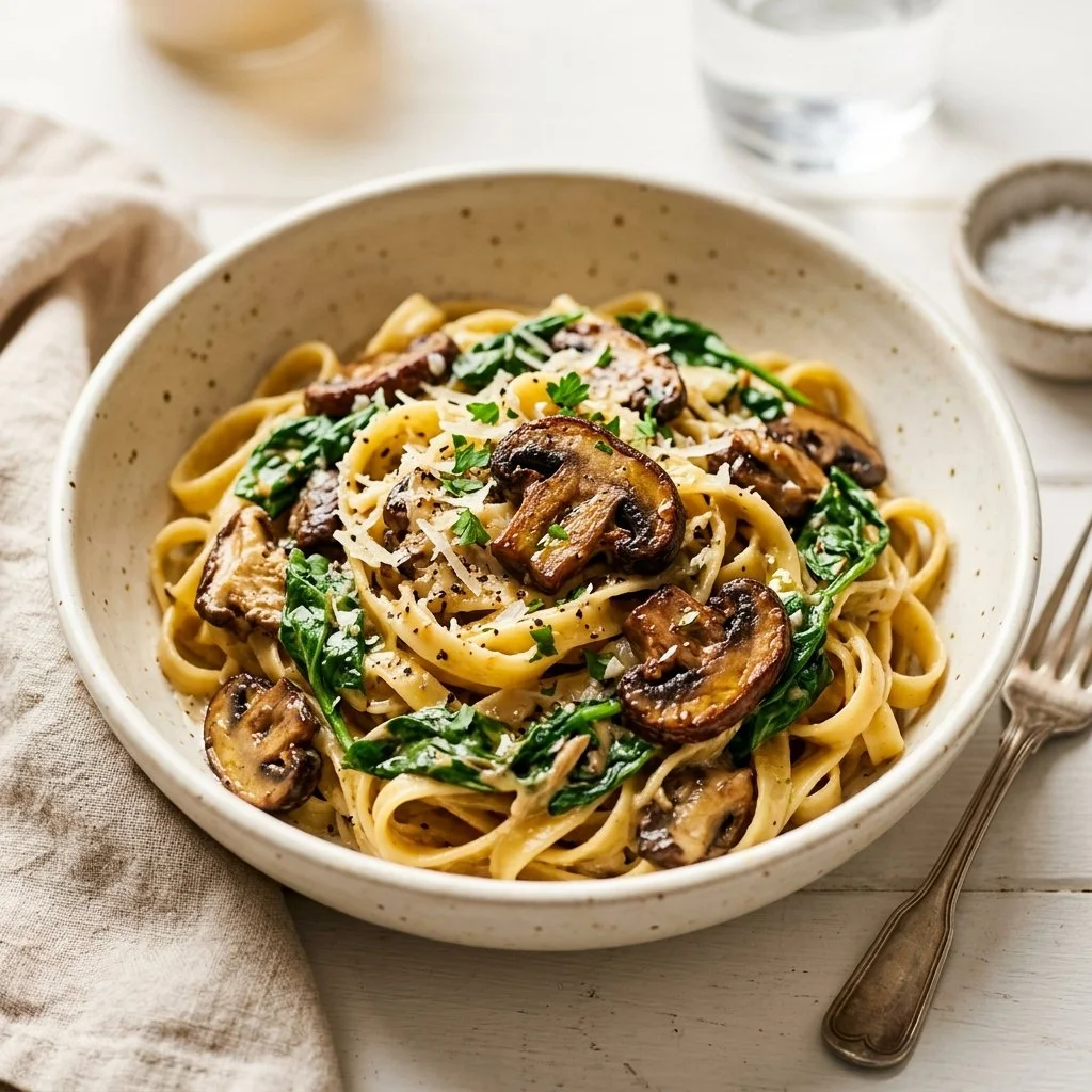 Bowls of spinach mushroom pasta garnished with fresh herbs and cheese