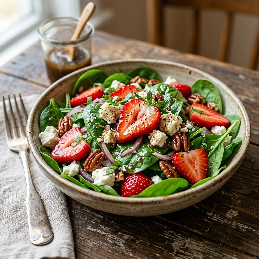 Fresh Spinach Strawberry Salad with colorful fruits and toppings