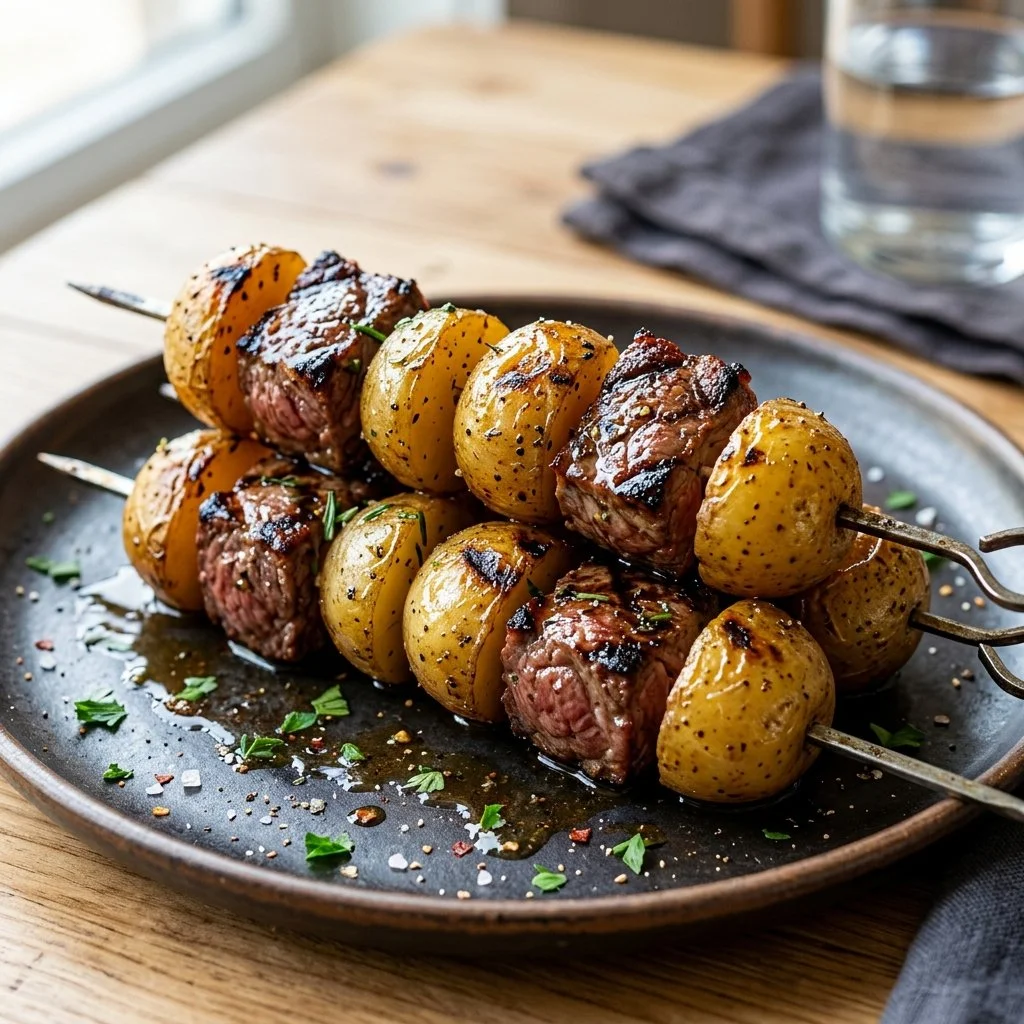 Delicious steak and potato kabobs ready for grilling