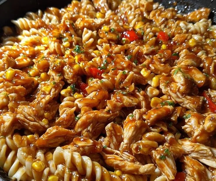 Sticky Honey BBQ Chicken Pasta Skillet Recipe - a comforting meal