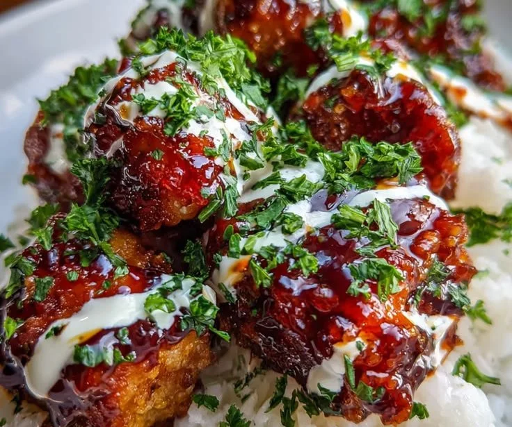 Sticky Honey BBQ Chicken served over rice with a sweet and savory glaze